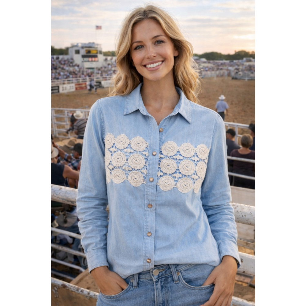 Vintage CHAUS Sport Chambray Lace Panel Button Up Western Cottagecore Shirt Boho